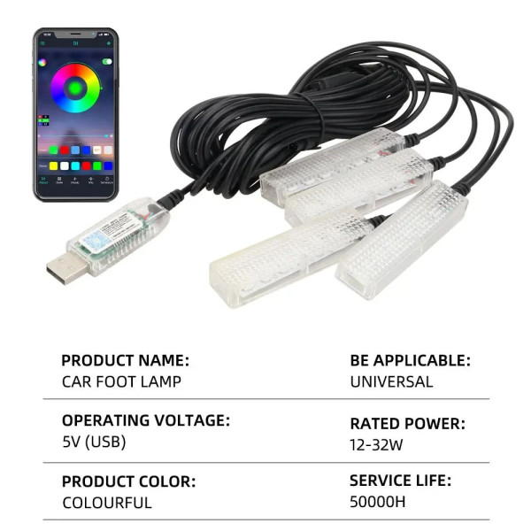 Автомобільна RGB-підсвітка салону з підтримкою програми 4 шт USB